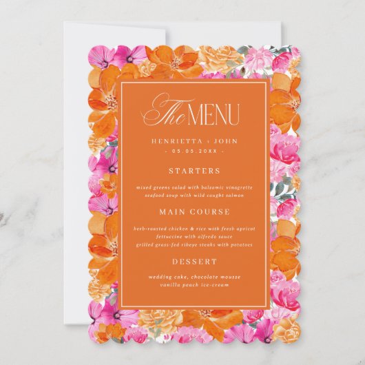 Wavy Edge Pink & Orange Floral Wedding Menu Card 招待状 (正面)