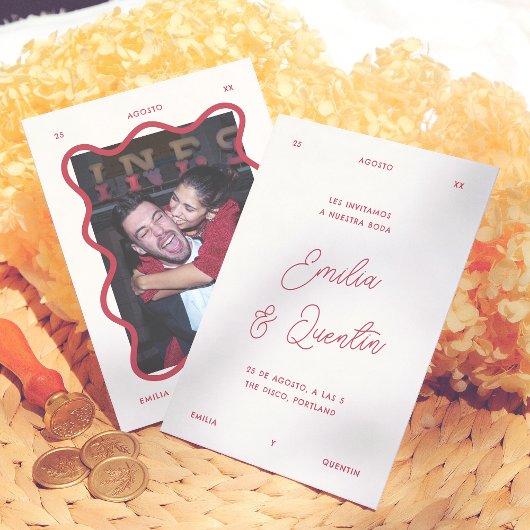 Wavy Frame Retro Photo Spanish Wedding 招待状