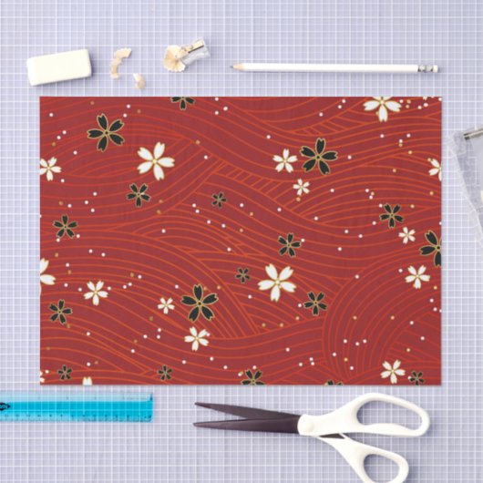 Wavy lines, adorned with black & white flowers 薄葉紙 (クラフト)