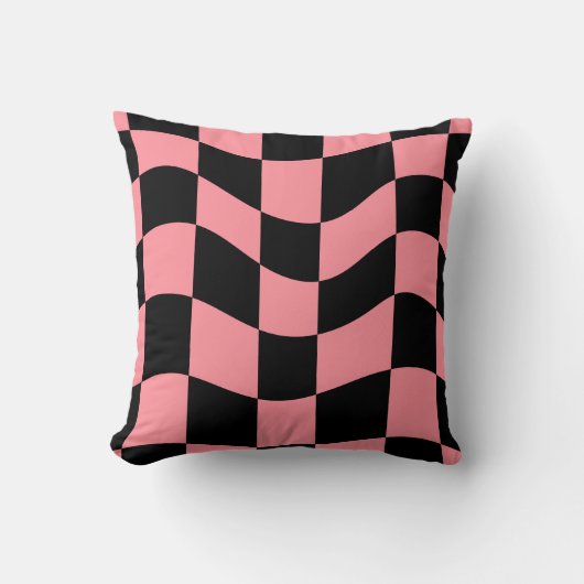Wavy Peach and Black Checkerboard Pattern Pillow  クッション (正面)