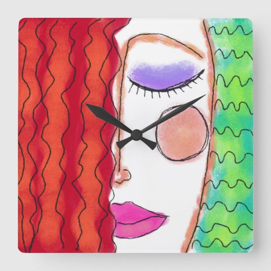 Wavy Red Hair Abstract Art Square Wall Clock スクエア壁時計 (正面)