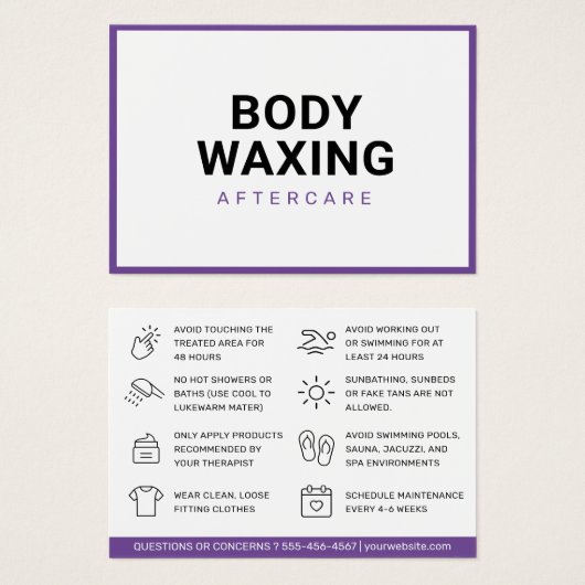 Waxingパープルアフターケアカードヘア除去 (正面&裏面)