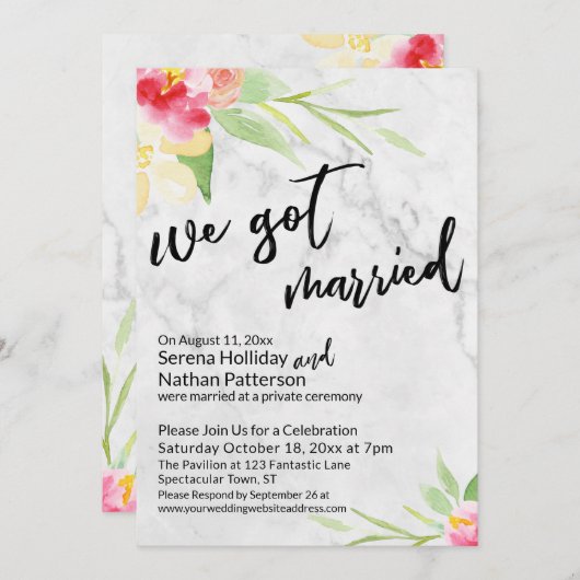 We得 Water Color Flowers & Gray Marble 招待状 (正面/裏面)