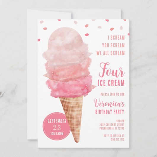 We All Scream FOUR Ice Cream Birthday Party Invite 招待状 (正面)