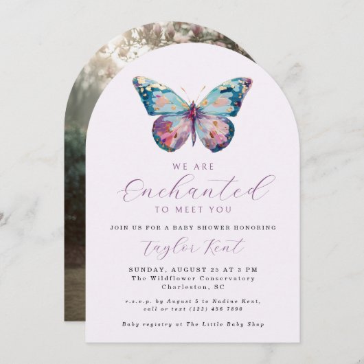 We are Enchanted To Meet You Butterfly Baby Shower 招待状 (正面/裏面)