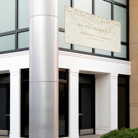 We are Engaged cream glitter gold backdrop 横断幕 (ビルの外側)