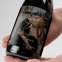 We are engaged gold script photo engagement party ワインラベル