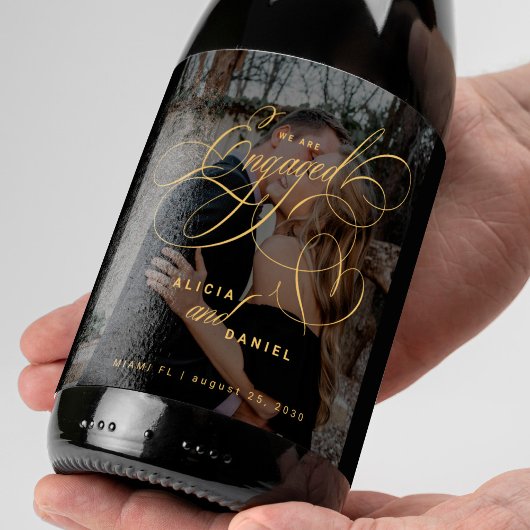 We are engaged gold script photo engagement party ワインラベル