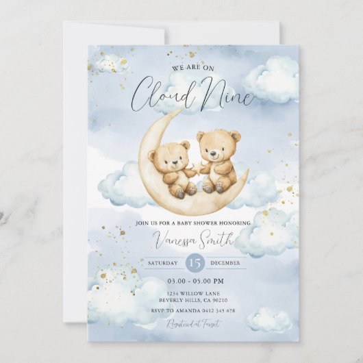 We Are On Cloud Nine Blue Bear Baby Shower  招待状 (正面)