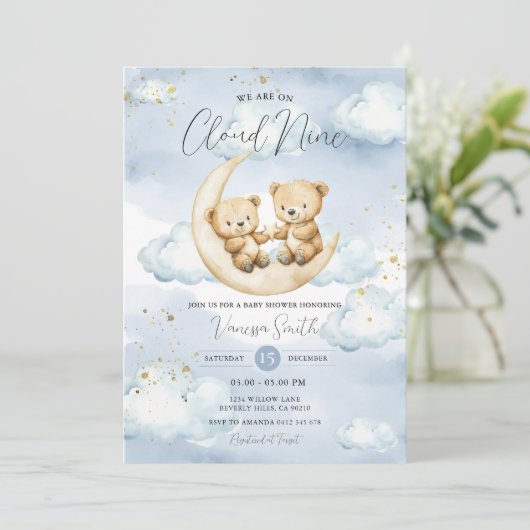We Are On Cloud Nine Blue Bear Baby Shower  招待状 (スタンド正面)