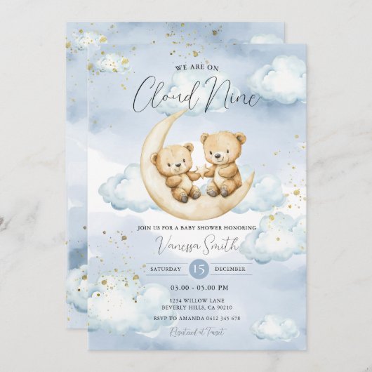 We Are On Cloud Nine Blue Bear Baby Shower  招待状 (正面/裏面)