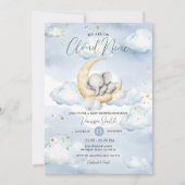 We Are On Cloud Nine Blue Elephant Baby Shower  招待状 (正面)