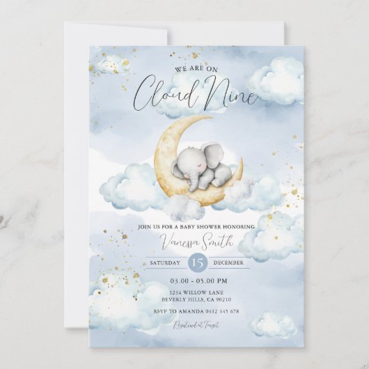 We Are On Cloud Nine Blue Elephant Baby Shower 招待状 (正面)