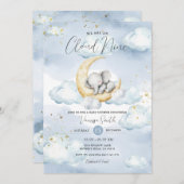 We Are On Cloud Nine Blue Elephant Baby Shower 招待状 (正面/裏面)