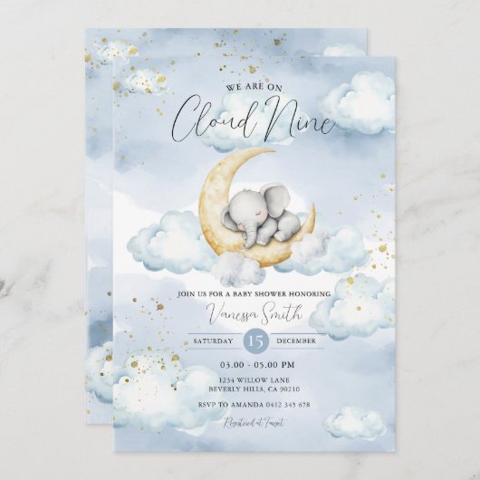 We Are On Cloud Nine Blue Elephant Baby Shower  招待状 (正面/裏面)