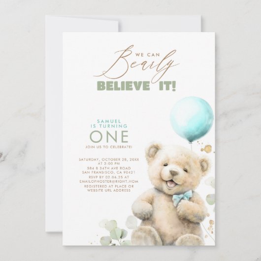 We Can 信じ Bearly  It - Teddy Bear 1st Birthday 招待状 (正面)