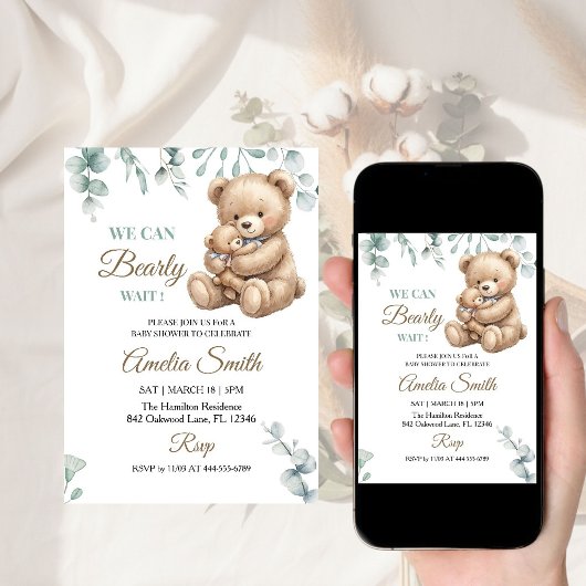We Can Bearly Wait かわいい母熊ベビーシャワー 招待状
