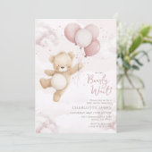 We can Bearly Wait! クマのピンク風船 ベビーシャワー 招待状 (スタンド正面)