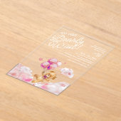 We Can Bearly Wait テディピンクガールベイビーシャワー アクリル招待状 (レイダウン)