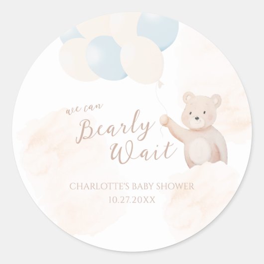 We Can Bearly Wait | テディベアの男の子ベビーシャワー ラウンドシール (正面)