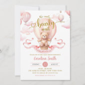 We Can Bearly Wait ピンクの風船 赤ちゃんのお披露目パーティー 招待状 (正面)