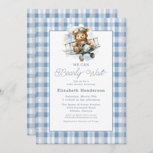 We Can Bearly Wait Airplane Baby Shower  招待状 (正面/裏面)