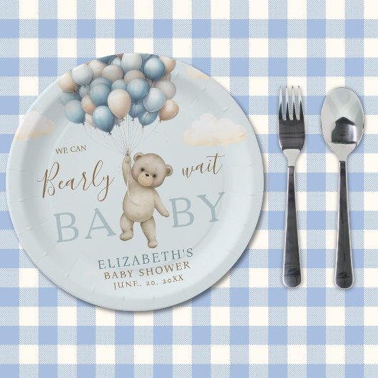 We Can Bearly Wait Baby, Bear Baby Shower Boy ペーパープレート
