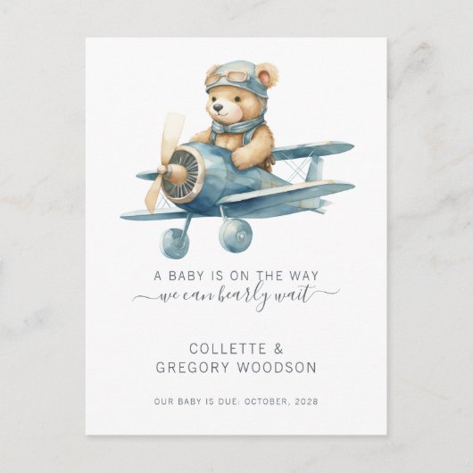 We Can Bearly Wait Baby Bear In Biplane Pregnancy  案内ポストカード (正面)