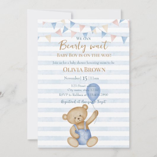 We Can Bearly Wait Baby Boy Shower Invitation 招待状 (正面)