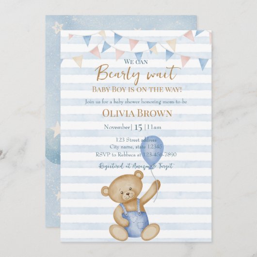 We Can Bearly Wait Baby Boy Shower Invitation 招待状 (正面/裏面)