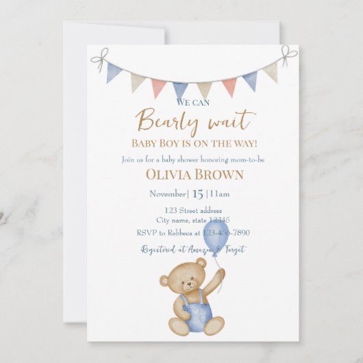 We Can Bearly Wait Baby Boy Shower Invitation 招待状 (正面)