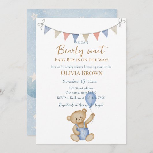 We Can Bearly Wait Baby Boy Shower Invitation 招待状 (正面/裏面)