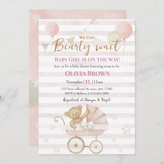 We Can Bearly Wait Baby Boy Shower Invitation  招待状 (正面/裏面)