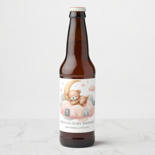 We Can Bearly Wait Baby Girl Shower Pink ビールラベル (正面)