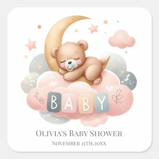 We Can Bearly Wait Baby Girl Shower Sticker スクエアシール (正面)