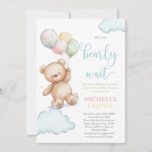 We can bearly wait baby shower 招待状 (正面)
