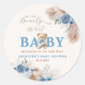 We Can Bearly Wait Baby Shower Blue Boho Bear ラウンドシール (正面)