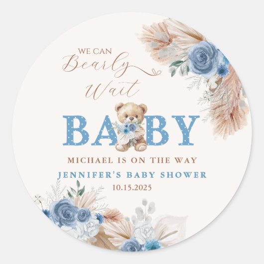 We Can Bearly Wait Baby Shower Blue Boho Bear ラウンドシール (正面)