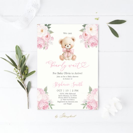 We can Bearly wait Baby Shower Girl Invitation 招待状