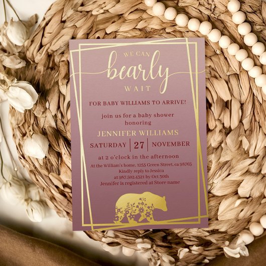 We Can Bearly Wait Baby Shower Gold Frame 箔招待状