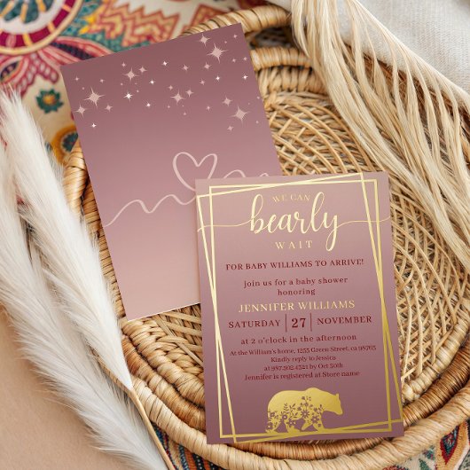 We Can Bearly Wait Baby Shower Gold Frame 箔招待状