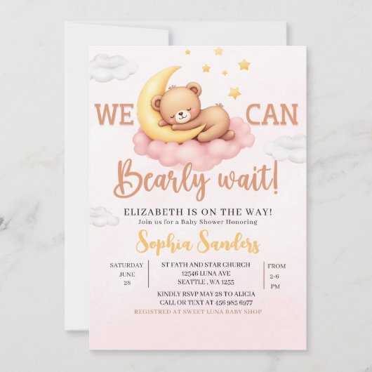 We Can Bearly Wait Baby Shower Pink Bear 招待状 (正面)