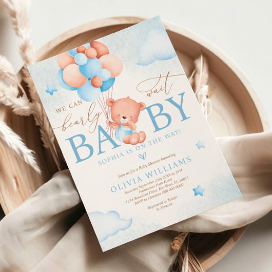 We Can Bearly Wait Balloon Baby Shower Invitation 招待状