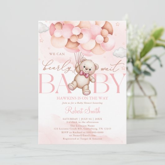 We Can Bearly Wait Balloon Bear Baby Shower 招待状 (スタンド正面)