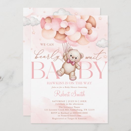 We Can Bearly Wait Balloon Bear Baby Shower 招待状 (正面/裏面)