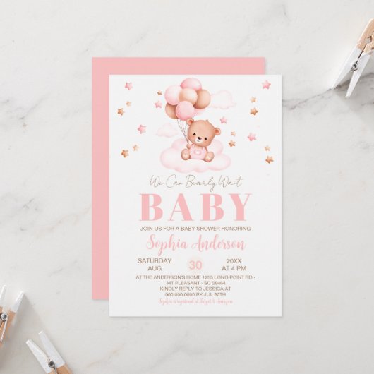 We can Bearly wait Balloons Girl Baby Shower 招待状 (正面/裏面インサイチュ)