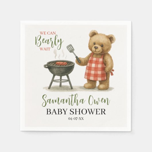 We Can Bearly Wait BBQ Baby Shower Boy スタンダードカクテルナプキン (正面)