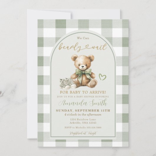 We can Bearly Wait Bear Baby Sage Baby Shower  招待状 (正面)