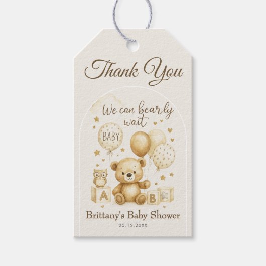 We Can Bearly Wait Bear Baby Shower ギフトタグ (正面)