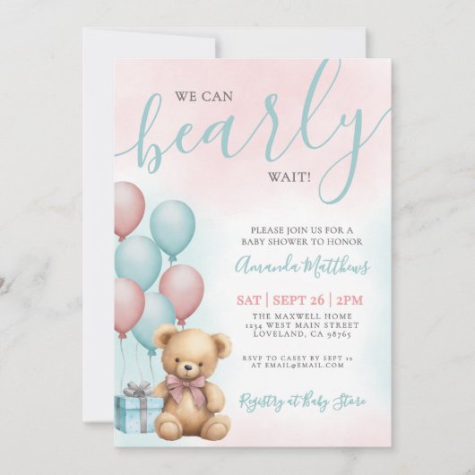 We Can Bearly Wait Bear Baby Shower 招待状 (正面)